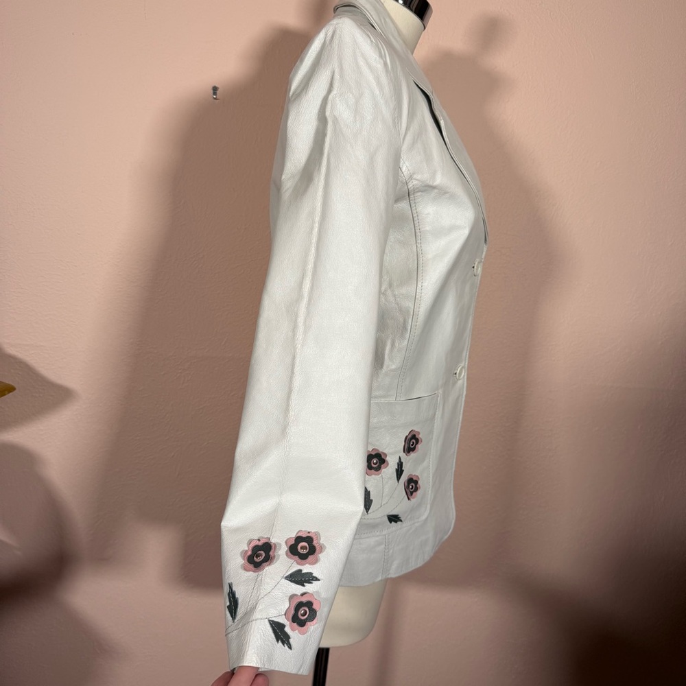 Vintage White Leather feminine appliqué Flower festival jacket Blazer Y2K medium - Picture 8 of 17